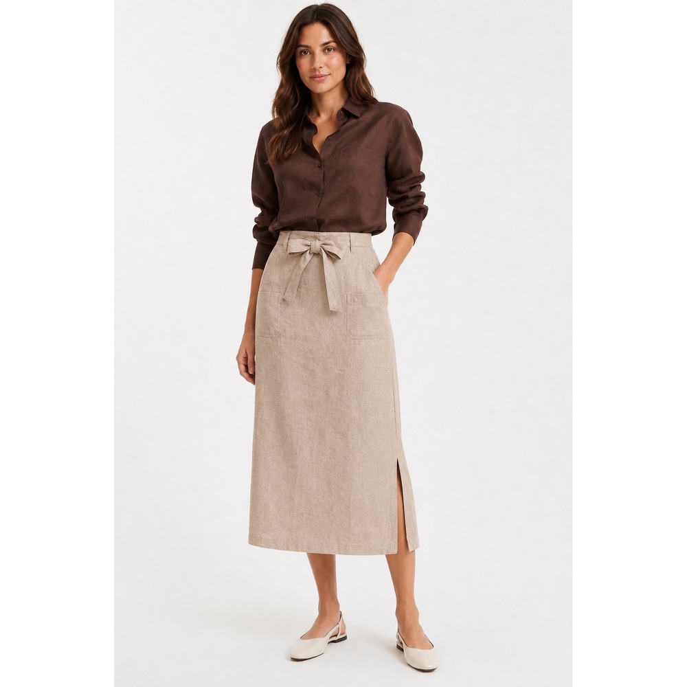 Orvis Womens Beige 100% Linen Belted Midi Skirt Front Pocket Side Slits Size 10